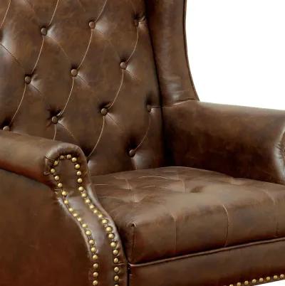 Vaugh Traditional Wing Accent Chair In Nail Head, Rustic Brown Finish-Benzara