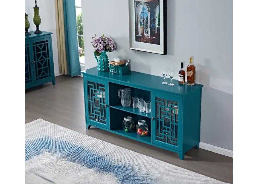 60" Sideboard Buffet Table With 2 Doors, Storage Cabinet With Adjustable Shelves, Teal