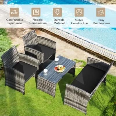 4 Pcs Patio Rattan Furniture Set Top Sofa With Glass Table