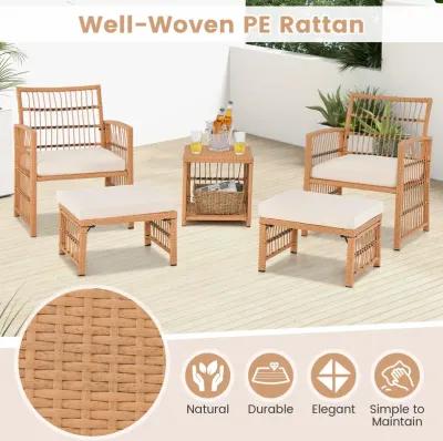 5 Piece Patio Wicker Sofa Set with Seat and Back Cushions-Natural