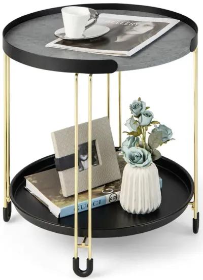 2-Tier Round Side Table with Removable Tray and Metal Frame for Small Space-Golden