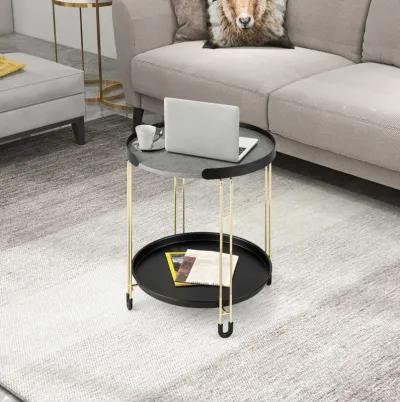 2-Tier Round Side Table with Removable Tray and Metal Frame for Small Space-Golden