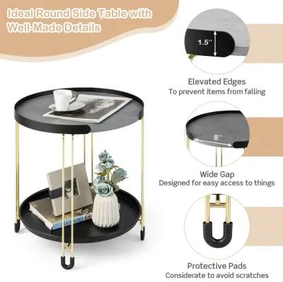 2-Tier Round Side Table with Removable Tray and Metal Frame for Small Space-Golden