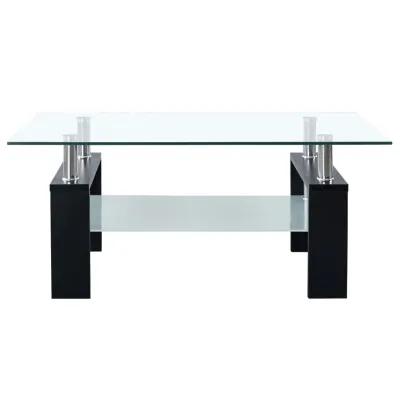 vidaXL Tempered Glass Coffee Table with Melamine Legs, Modern 2-Tier Design, Easy to Clean, Black and Transparent, 37.4"x21.7"x15.7"