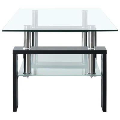 vidaXL Tempered Glass Coffee Table with Melamine Legs, Modern 2-Tier Design, Easy to Clean, Black and Transparent, 37.4"x21.7"x15.7"