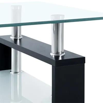 vidaXL Tempered Glass Coffee Table with Melamine Legs, Modern 2-Tier Design, Easy to Clean, Black and Transparent, 37.4"x21.7"x15.7"