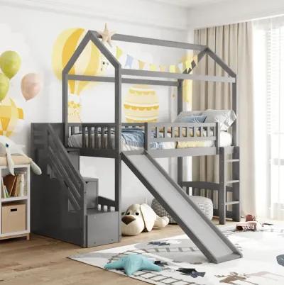 Twin Loft Bed With Two Drawers And Slide, House Bed With Slide