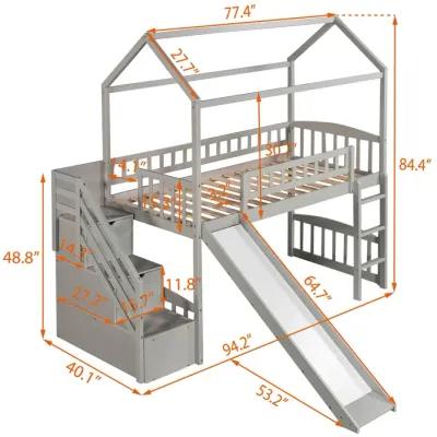 Twin Loft Bed With Two Drawers And Slide, House Bed With Slide