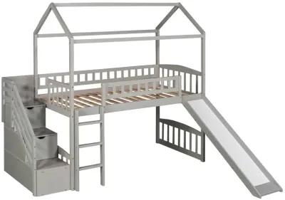 Twin Loft Bed With Two Drawers And Slide, House Bed With Slide