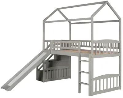 Twin Loft Bed With Two Drawers And Slide, House Bed With Slide