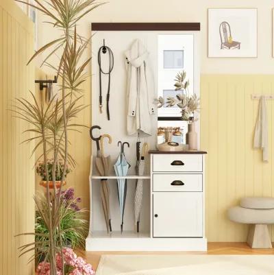 White Wood 4-in-1 Hall Tree Coat Rack Umbrella Holder with 2-Metal Double Hooks, Mirror, Drawers and Shoe Storage