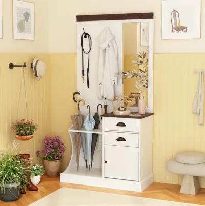 White Wood 4-in-1 Hall Tree Coat Rack Umbrella Holder with 2-Metal Double Hooks, Mirror, Drawers and Shoe Storage