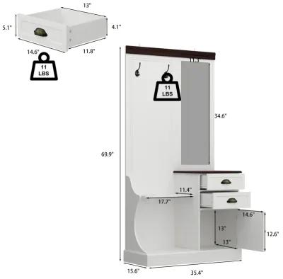 White Wood 4-in-1 Hall Tree Coat Rack Umbrella Holder with 2-Metal Double Hooks, Mirror, Drawers and Shoe Storage