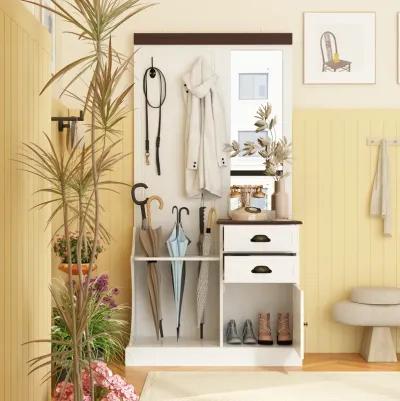 White Wood 4-in-1 Hall Tree Coat Rack Umbrella Holder with 2-Metal Double Hooks, Mirror, Drawers and Shoe Storage