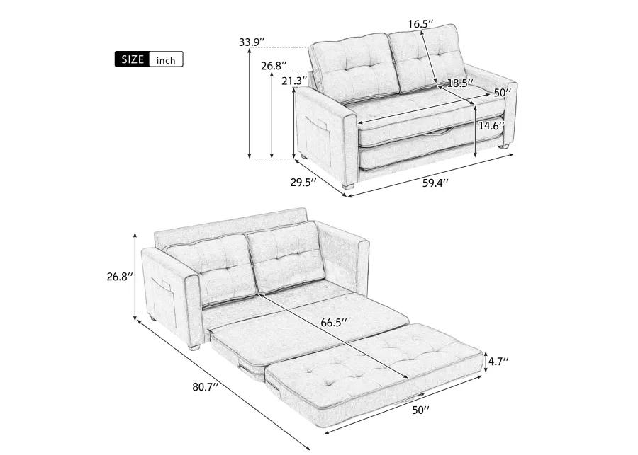 Merax 59.4" Loveseat Sofa with Pull-Out Bed Modern Upholstered Couch with Side Pocket for Living Room Office