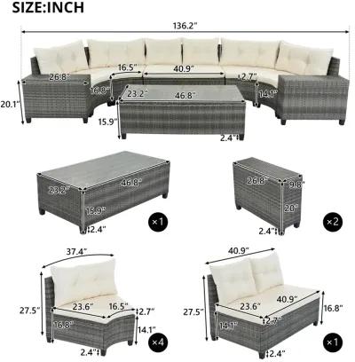 Merax 8-pieces Outdoor Wicker Round Sofa Set，Curved Sofa Set With Rectangular Coffee Table