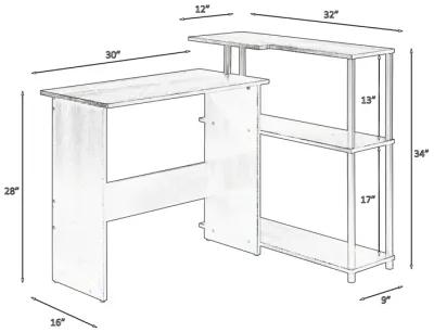 Writing Desk with L Shaped Design and 3 Tier Wooden Shelves, Black-Benzara