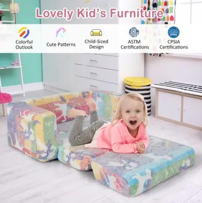 2-in-1 Flip Out Kids Sofa Chair with Detachable Flannel Fabric Cover and Glowing Patterns