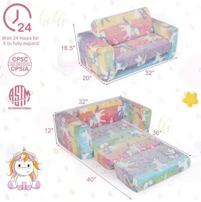 2-in-1 Flip Out Kids Sofa Chair with Detachable Flannel Fabric Cover and Glowing Patterns