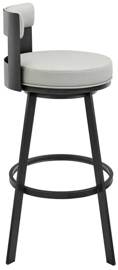 Ami 30 Inch Swivel Barstool Chair, Gray Faux Leather, Black Iron Frame - Benzara