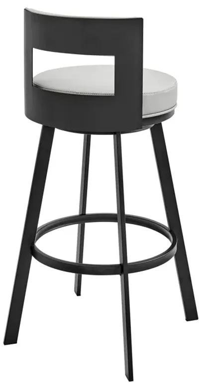 Ami 30 Inch Swivel Barstool Chair, Gray Faux Leather, Black Iron Frame - Benzara