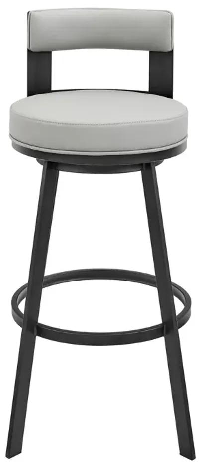 Ami 30 Inch Swivel Barstool Chair, Gray Faux Leather, Black Iron Frame - Benzara