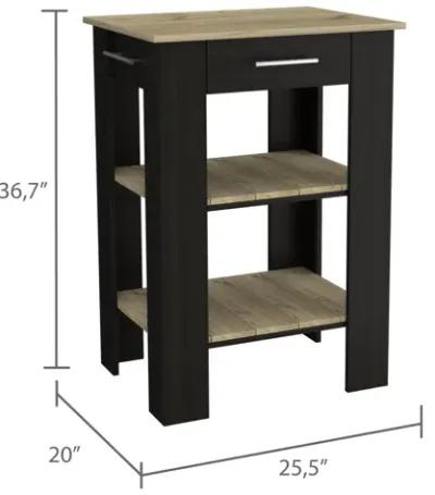 Kitchen Island 37" H, 2-Open Storage Shelves, 1-Drawer, Towel Hanger, Black / Light Oak