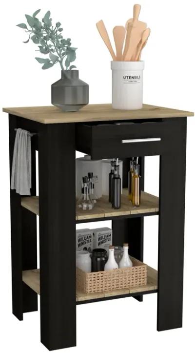 Kitchen Island 37" H, 2-Open Storage Shelves, 1-Drawer, Towel Hanger, Black / Light Oak