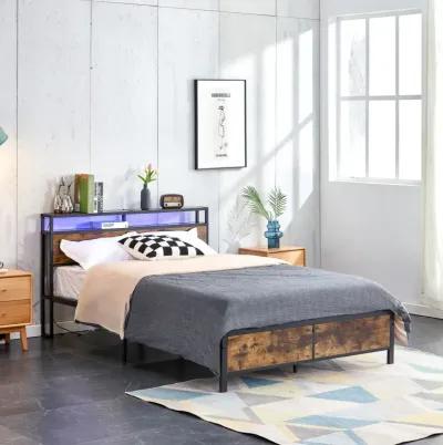 Rustic Brown Industrial Queen Bed Frame with LED Lights, USB Ports & Storage