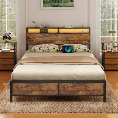 Rustic Brown Industrial Queen Bed Frame with LED Lights, USB Ports & Storage