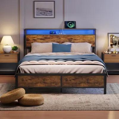 Rustic Brown Industrial Queen Bed Frame with LED Lights, USB Ports & Storage