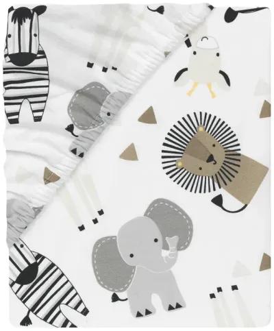 Lambs & Ivy Jungle Safari 100% Cotton White/Gray Elephant/Lion Fitted Crib Sheet