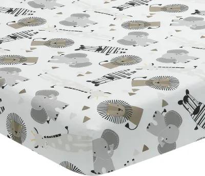 Lambs & Ivy Jungle Safari 100% Cotton White/Gray Elephant/Lion Fitted Crib Sheet