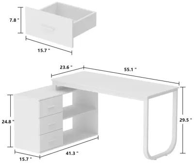 55.1 in. L-Shaped Oak and White Wood Writing Desk Corner Gaming Desk With 2-Tier Shelves and 3-Drawers Home Office Use