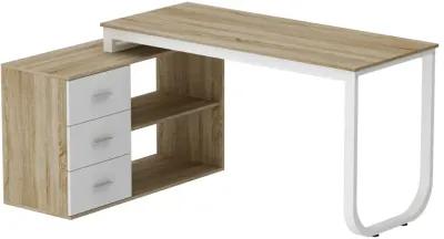 55.1 in. L-Shaped Oak and White Wood Writing Desk Corner Gaming Desk With 2-Tier Shelves and 3-Drawers Home Office Use