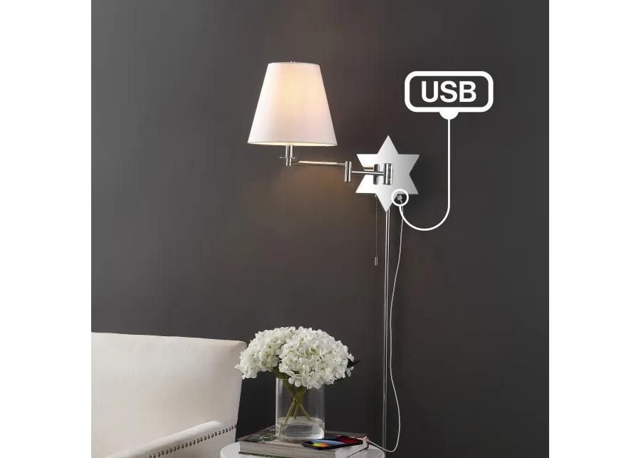 David Modern French Country Swing Arm Plug-In or Hardwired Iron LED Star Wall Sconce with Pull-Chain and USB Charging Port