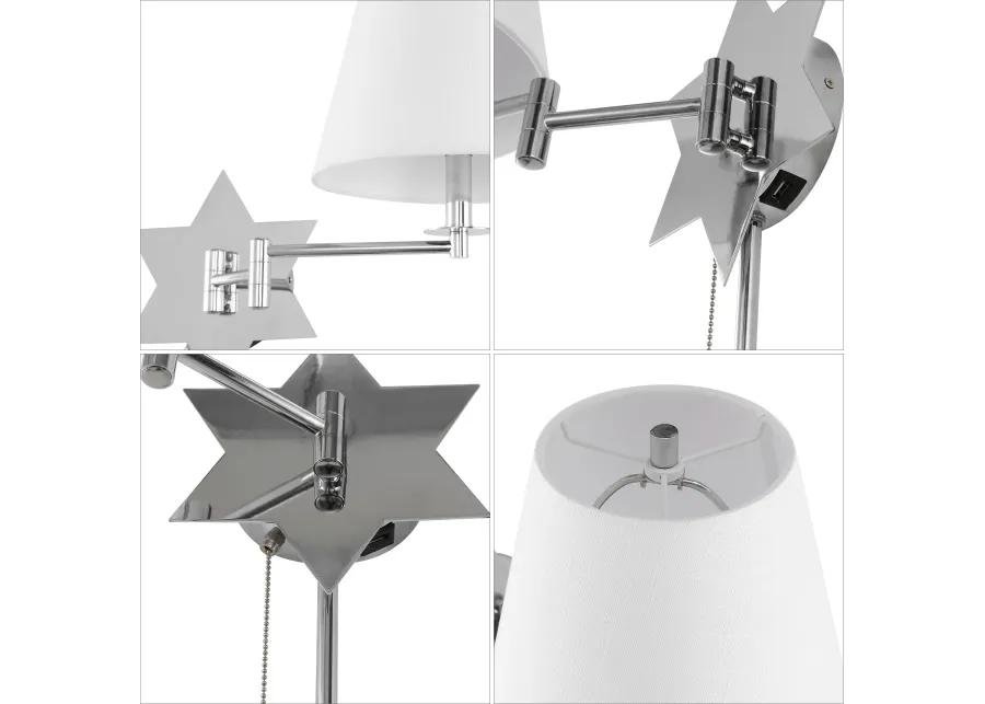 David Modern French Country Swing Arm Plug-In or Hardwired Iron LED Star Wall Sconce with Pull-Chain and USB Charging Port