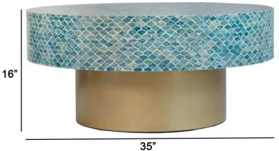 Piki 35 Inch Coffee Table, Round, Mughal Capiz Inlaid Pattern, Blue, Gold  - Benzara