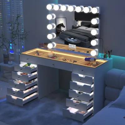 VANITII 13 Drawers Modern Makeup Vanity Desk Dressers with  Lights for Bedroom White Finish with 15 LED Bulbs Mirror  (Installation not included)