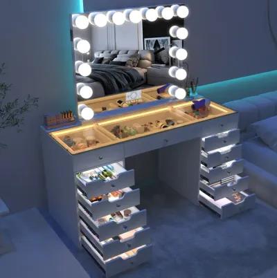 VANITII 13 Drawers Modern Makeup Vanity Desk Dressers with  Lights for Bedroom White Finish with 15 LED Bulbs Mirror  (Installation not included)