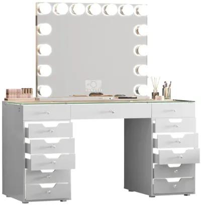 VANITII 13 Drawers Modern Makeup Vanity Desk Dressers with  Lights for Bedroom White Finish with 15 LED Bulbs Mirror  (Installation not included)