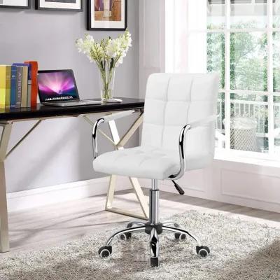 Hivvago White Modern Faux Leather Mid-Back Swivel Office Chair with Armrests and Wheels