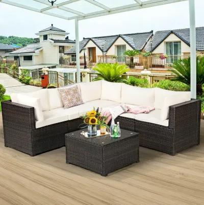 6 Pieces Patio Rattan Furniture Set Sectional Cushioned Sofa Deck