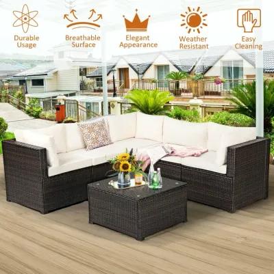 6 Pieces Patio Rattan Furniture Set Sectional Cushioned Sofa Deck