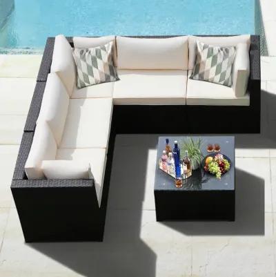 6 Pieces Patio Rattan Furniture Set Sectional Cushioned Sofa Deck