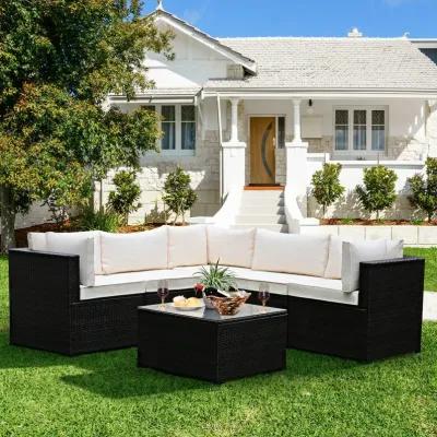 6 Pieces Patio Rattan Furniture Set Sectional Cushioned Sofa Deck