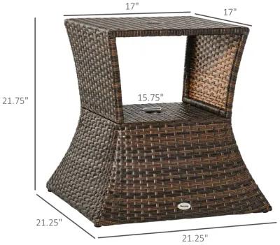 Mixed Brown Garden Table: 2-Tier Rattan Wicker Side Table with Umbrella Hole