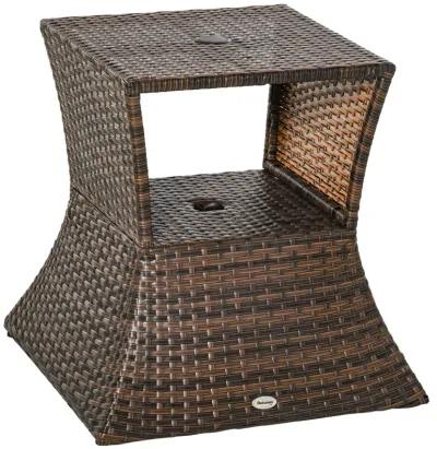 Mixed Brown Garden Table: 2-Tier Rattan Wicker Side Table with Umbrella Hole