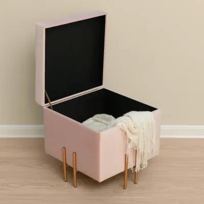 Square Velvet Storage Ottoman with Rose Gold Legs, Pink