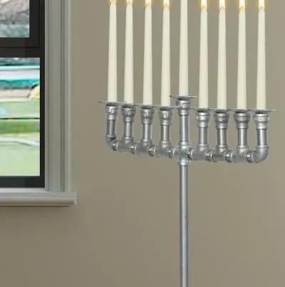 Industrial Galvanized Antique Silver Metal Pipe Hanukkah Menorah